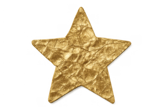 Gold crumpled paper star cutout on transparent background for decoration, success, award, or celebration concepts