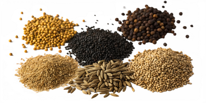 Assortment of Whole Spices Including Mustard Seeds Black Peppercorns and Fennel Seeds, cutout, PNG isolated on white or transparent background