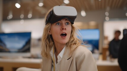 A VR product demo where a participant wears a headset and reacts with surprise while the development team monitors outputs on screens — immersive technology showcase, interactive experience, and