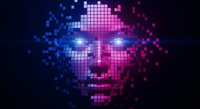 Abstract digital face portrait dissolving into pixels with glowing blue eyes, conceptualizing artificial intelligence, data, and future technology.