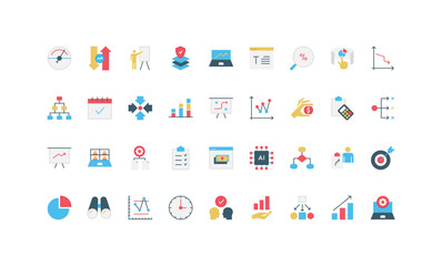 Business analysis, data analytics of expert, AI solutions dashboard color icon set. Stock market trend and graph board presentation, math research on correlation, alternatives flat vector illustration