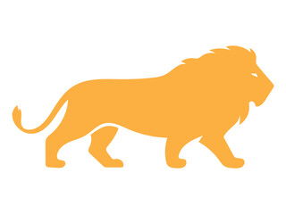 Golden lion silhouette walking, majestic animal isolated on white background