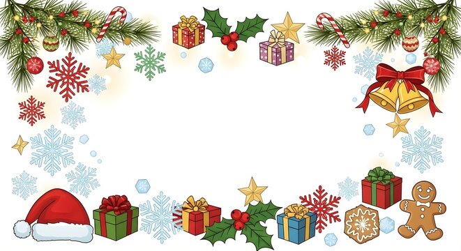 Christmas themed frame with gifts, snowflakes, bells, and festive decorations around it