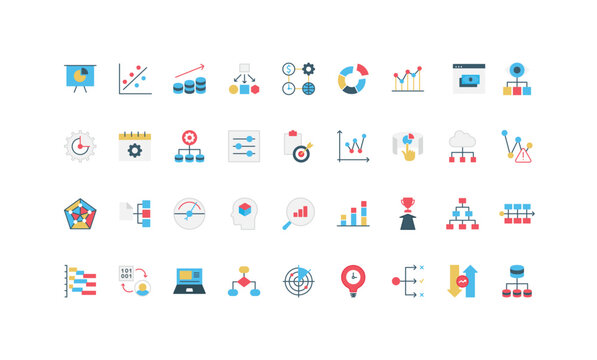 Business intelligence, dashboard chart report and data research, accounting settings color icon set. Graph, diagram and presentation to analyze solution, benchmark analysis flat vector illustration