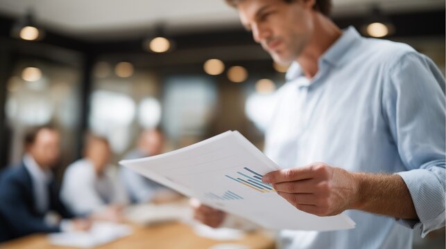 A project manager presenting plans from a well-structured binder during a team meeting, charts and timelines visible as colleagues gather around the table — business planning, corporate