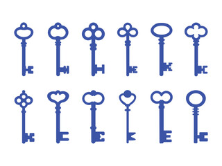 Collection of antique blue skeleton keys isolated on white background