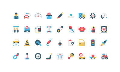 A comprehensive set of flat icons depicting various car service and maintenance elements, including tools, vehicles, and mechanical parts, designed for automotive themes vector illustration