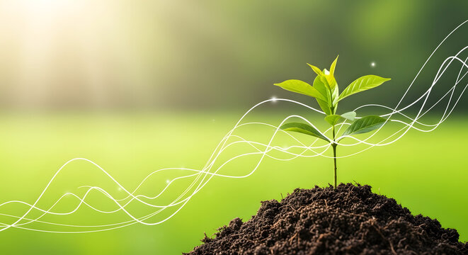 Young green plant growing from rich soil with glowing light trails symbolizing growth and innovation