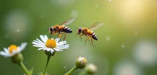 Two striped hoverflies collect pollen from white daisy flower. One insect rests on blossom, another fly approaches. Macro view captures pollinator insects on blooming plant in vibrant green sunny