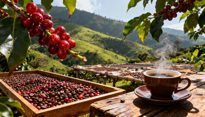 Colombia&rsquo;s Coffee Triangle with ripe arabica cherries, scenic fincas and authentic coffee drying racks