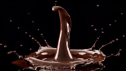 A mesmerizing slow-motion splash of rich, dark brown liquid creates an elegant crown effect, with numerous glistening droplets scattering against a stark black background. The viscous texture and glos - Powered by Adobe