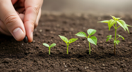 Close up of a human hand planting a seed into rich soil with growing seedlings in a row, financial growth chart in background