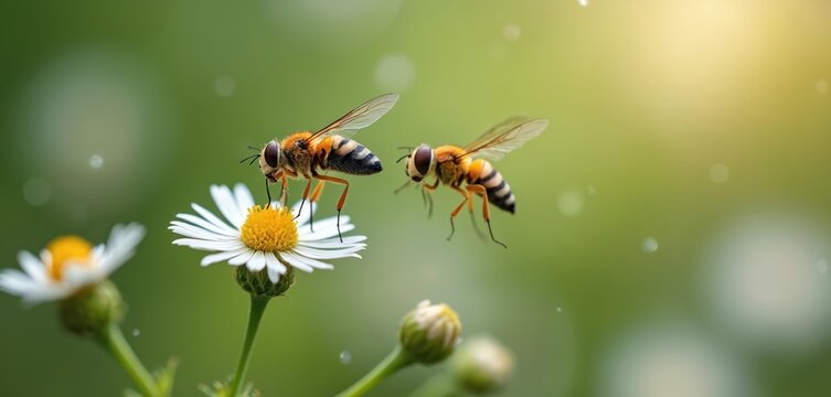 Two striped hoverflies collect pollen from white daisy flower. One insect rests on blossom, another fly approaches. Macro view captures pollinator insects on blooming plant in vibrant green sunny - Powered by Adobe