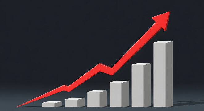 3d bar chart graph showing upward trend and growth with red arrow symbolizing success