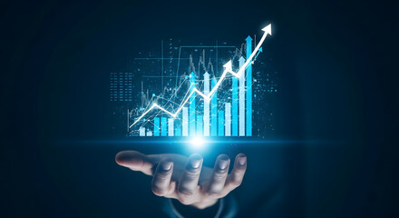 Hand holding glowing blue financial stock market growth chart with upward arrow on dark background