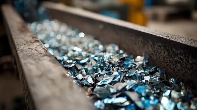 Closeup medium shot of zinc scrap being carefully processed on a conveyor belt highlighting the initial stages of nonferrous metal recycling.