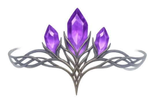 Amethyst crystal fantasy tiara with elven inspired design, purple gemstones, and silver accents on transparent background