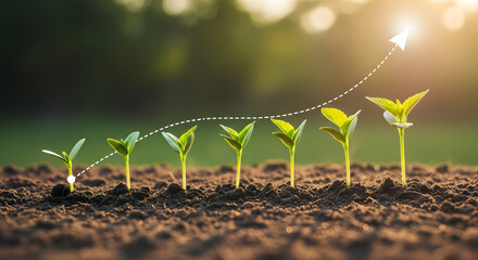 Seedlings growing in a line representing financial growth and success with a rising arrow