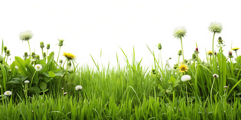 Lush Green Grass and Dandelions in a Meadow with a Colorful Abstract Sky, cutout, PNG isolated on white or transparent background
