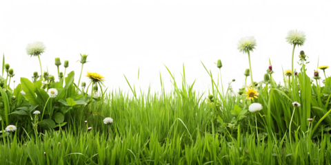 Lush Green Grass and Dandelions in a Meadow with a Colorful Abstract Sky, cutout, PNG isolated on white or transparent background