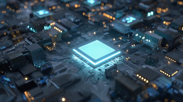 Glowing blue CPU on intricate circuit board, low angle