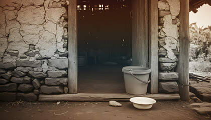 Rustic stone building entrance with bucket and lid