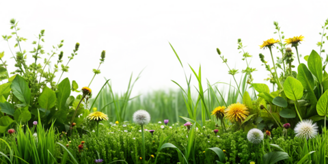 Lush Green Meadow with Yellow Dandelions and Fluffy White Seed Heads, cutout, PNG isolated on white or transparent background