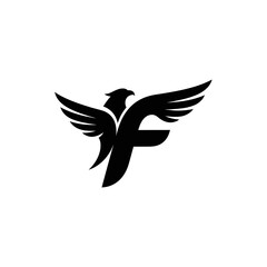 Black Eagle Silhouette Integrated with Letter F, Wings Spread, Minimalist Design.