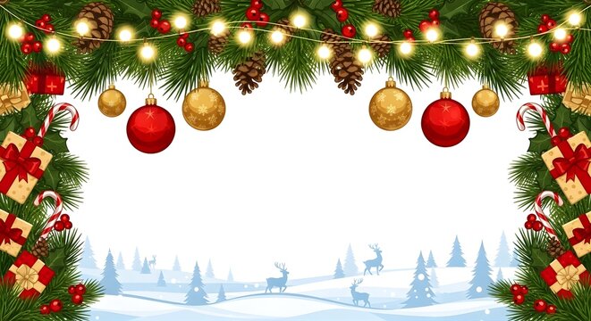 Christmas frame with ornaments, pine cones, gifts, candy canes and winter landscape view