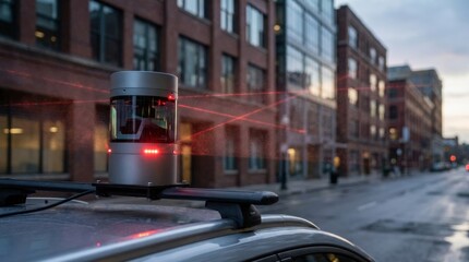 Autonomous car sensor mounted on vehicle roof scanning city street. Lidar technology for self-driving navigation. Advanced autonomous driving system in urban environment with edge computing