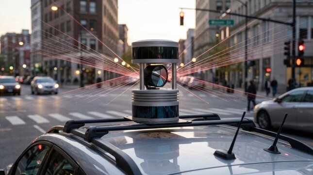 Autonomous car sensor scanning urban street with laser beams. Lidar technology for self-driving vehicles in city environment. Advanced mobility and AI navigation concept. - Powered by Adobe