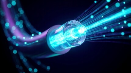 Fiber optic cable transmitting digital signals through glowing light beams. High-speed data transfer for 5G networks and quantum communications. Edge computing connectivity in cloud platforms and