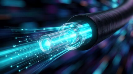 Fiber optic cable glowing with light pulses transmitting data. High-speed broadband connection for 5G networks and cloud computing. Future internet infrastructure and quantum communication technology