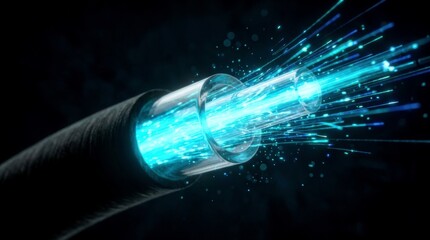 Fiber optic cable with glowing blue light rays. High-speed data transmission in telecommunications network. Concept of 5G technology, cloud computing and quantum communications infrastructure.