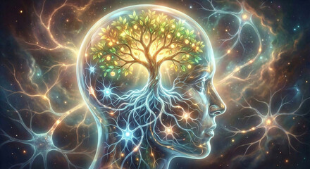 Futuristic surreal digital painting of a transparent human head with a glowing tree inside, roots intertwining with neurons, symbolizing mental growth, clarity, and resilience,peace, well mind