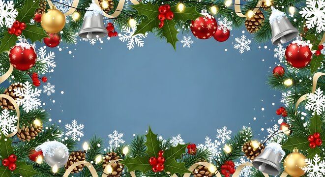 A christmas frame with ornaments, pine cones, snowflakes, and lights on a blue background
