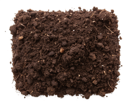 Loose Dark Brown Soil Clump with Visible Organic Matter and Small Pebbles, cutout, PNG isolated on white or transparent background