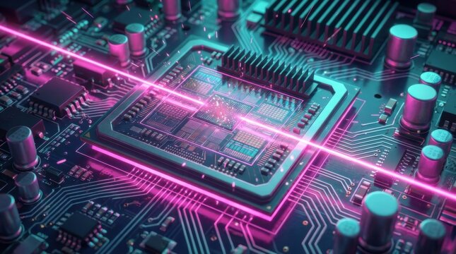 Top-down view of microchip processor on glowing circuit board. Advanced semiconductor chip for 5G networks and edge computing. Futuristic hardware in quantum communications technology. Digital