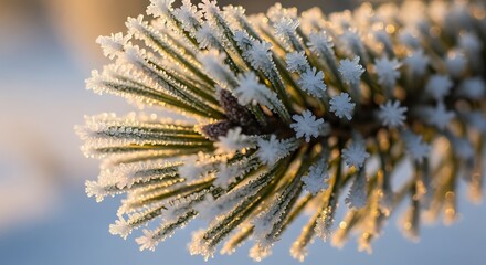 Stunning macro close-up of a green pine branch heavily coated in delicate white hoarfrost crystals during a freezing winter sunrise