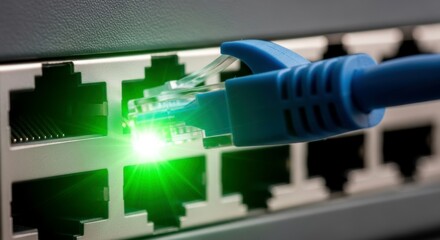 Blue ethernet cable plugging into network switch port with glowing green connection light. Wired data transmission and high-speed internet infrastructure concept for digital connectivity in modern