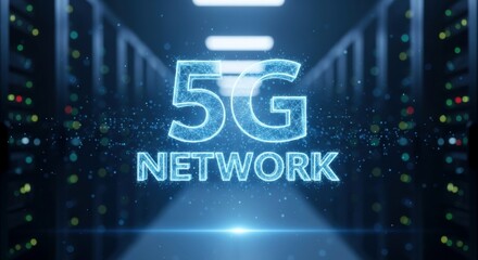 Futuristic server room corridor with glowing blue 5G network text overlay. High-tech data center visualization for cloud platforms and edge computing. Innovative telecommunications and quantum