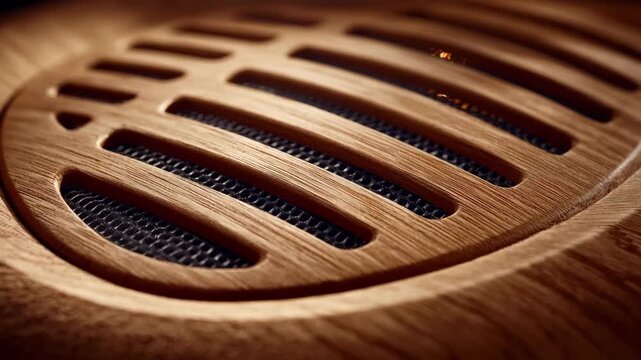 Close medium shot of maple wooden speaker grille showcasing smooth grain texture enhancing acoustic quality with natural warmth in a premium audio setup