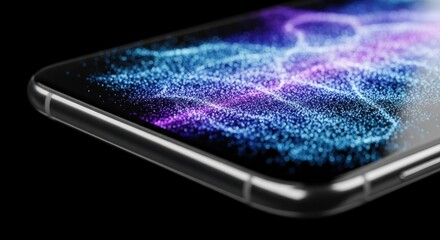 Smartphone screen showing quantum data particles in blue and purple. 5G network visualization for edge computing and cloud platforms. Future quantum communications technology concept