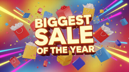 Colorful 3D illustration of Biggest Sale of the Year with exploding gift boxes, shopping bags and party confetti for a massive year-end clearance event