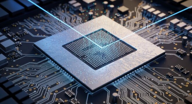Microprocessor chip on circuit board with glowing blue data streams. Edge computing visualization for 5G networks and cloud platforms. Future quantum communication technology concept.