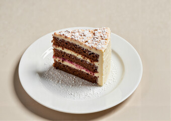 Piece of Lamington cake on clean plate with powdered sugar, Concept of Australia Day  