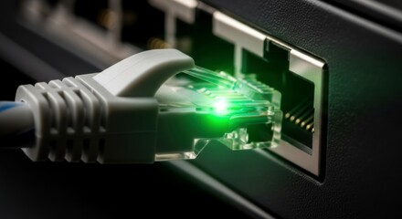 Ethernet cable plugging into network switch port with green LED indicator. High-speed data connection for 5G networks and cloud computing. Edge processing and digital infrastructure concept.