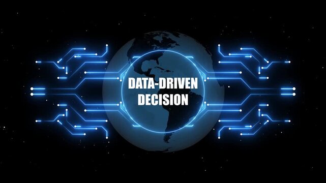 Data- Driven Decision Concept with Earth and Circuitry on Dark Background data driven decision globe