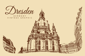 Naklejka premium City ancient architecture, Dresden, Germany. Vintage brown and beige graphics, engraved, vector. Old retro design.