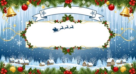 A festive christmas background with santa sleigh holly and winter village scene frame art
